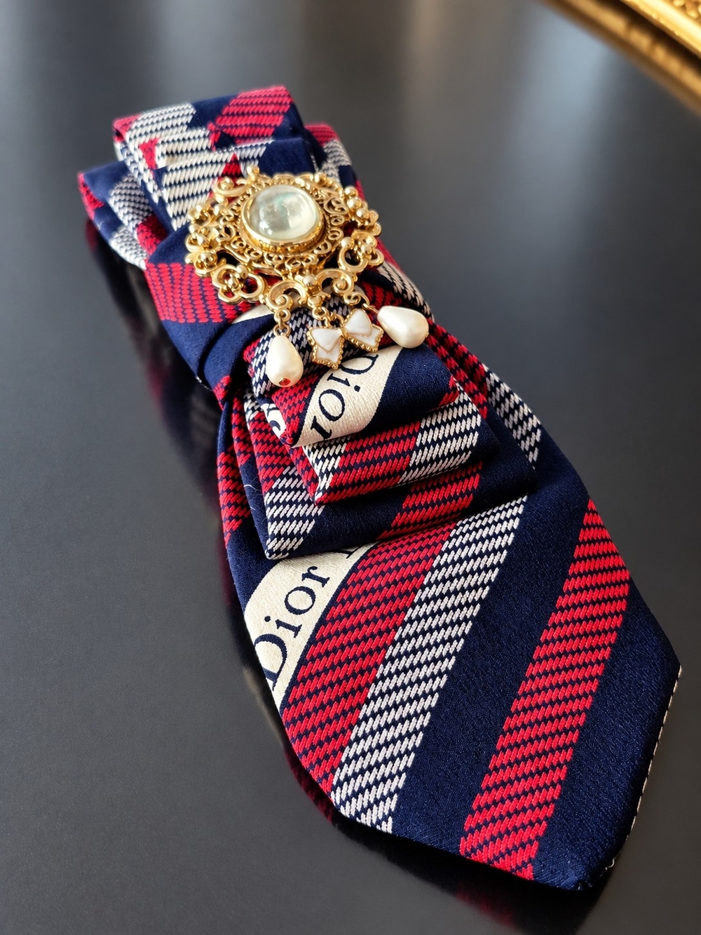 Dior Vintage Navy & Red Striped Silk Tie Necklace with Vintage Gold Brooch